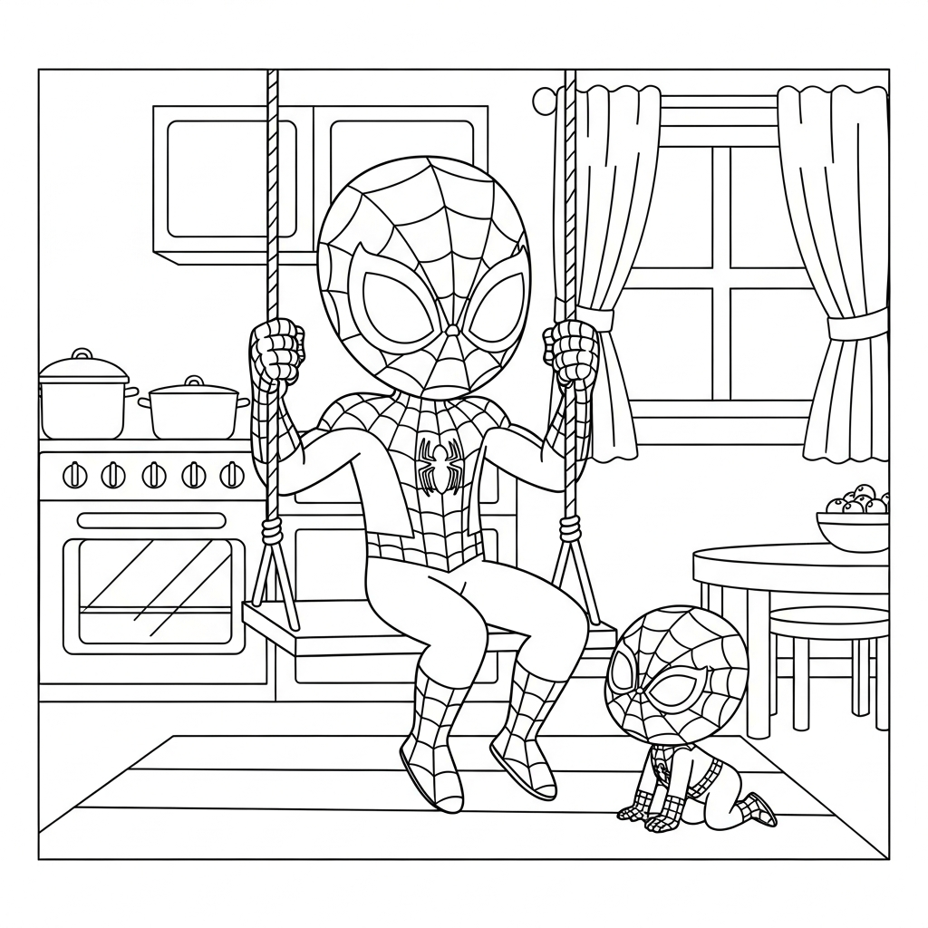 Desenho de homem aranha para colorir sentado em balanço na cozinha com forno e panelas