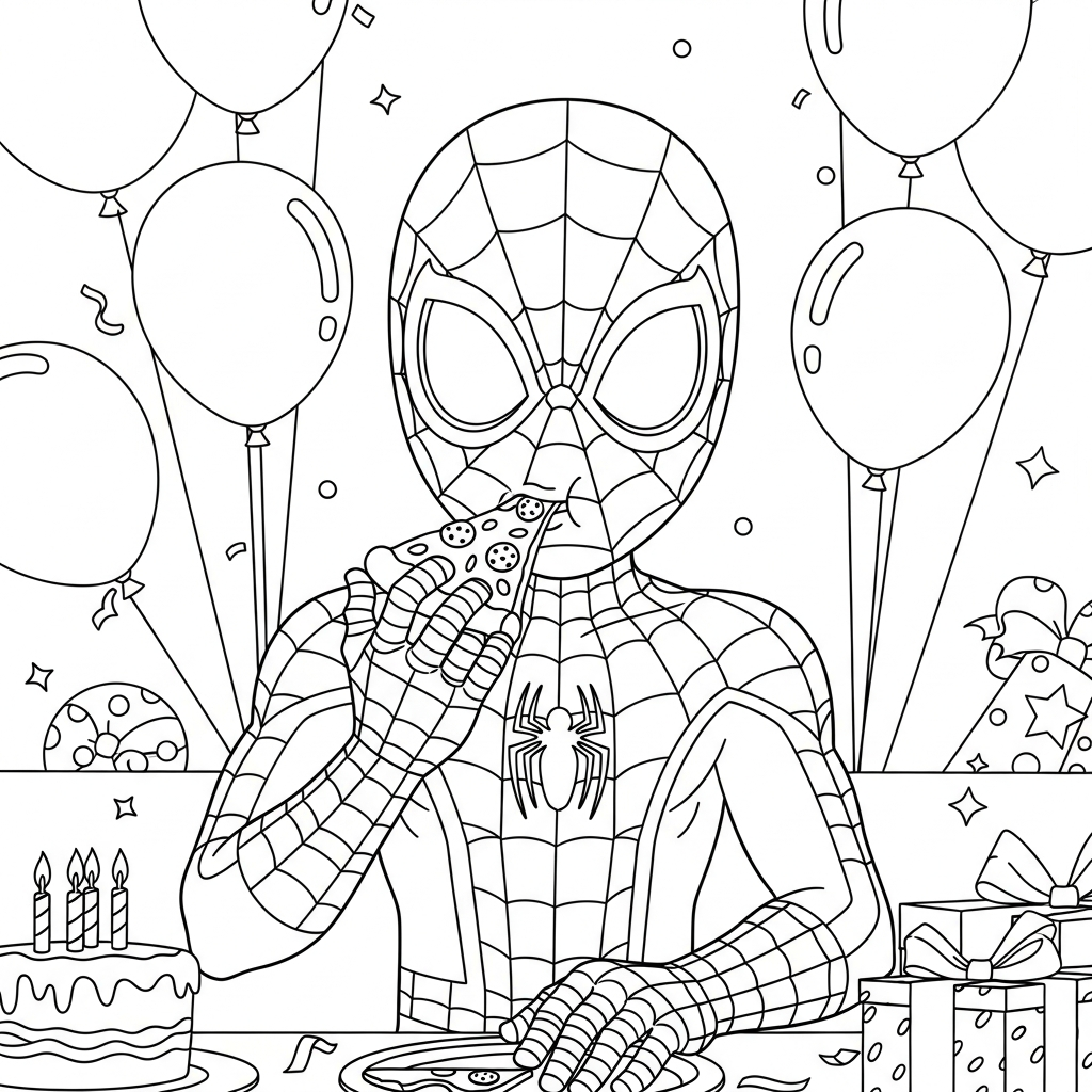 Desenho de homem aranha para colorir comendo pizza em festa de aniversário