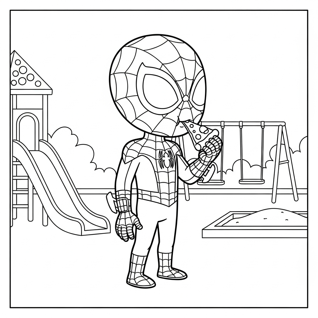 Desenho de homem aranha para colorir comendo pizza em playground com escorregador
