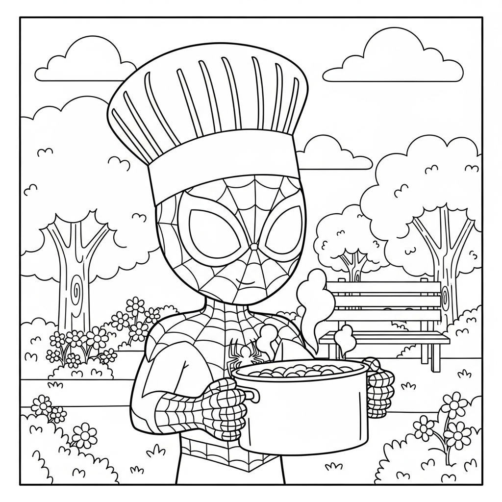 Desenho de homem aranha para colorir usando chapéu de chef e cozinhando no parque ensolarado.