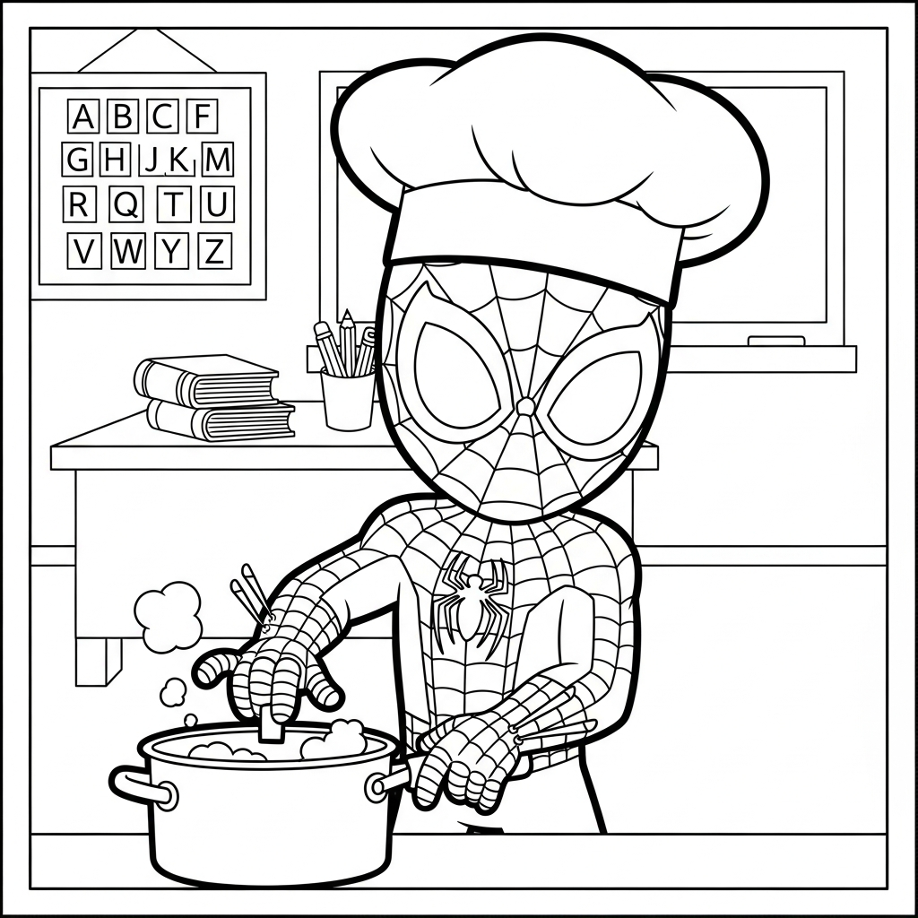 Desenho de homem aranha para colorir usando chapéu de chef e cozinhando na sala de aula com lousa