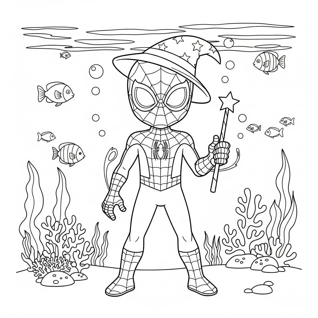 Desenho de homem aranha para colorir usando chapéu de mago no fundo do mar