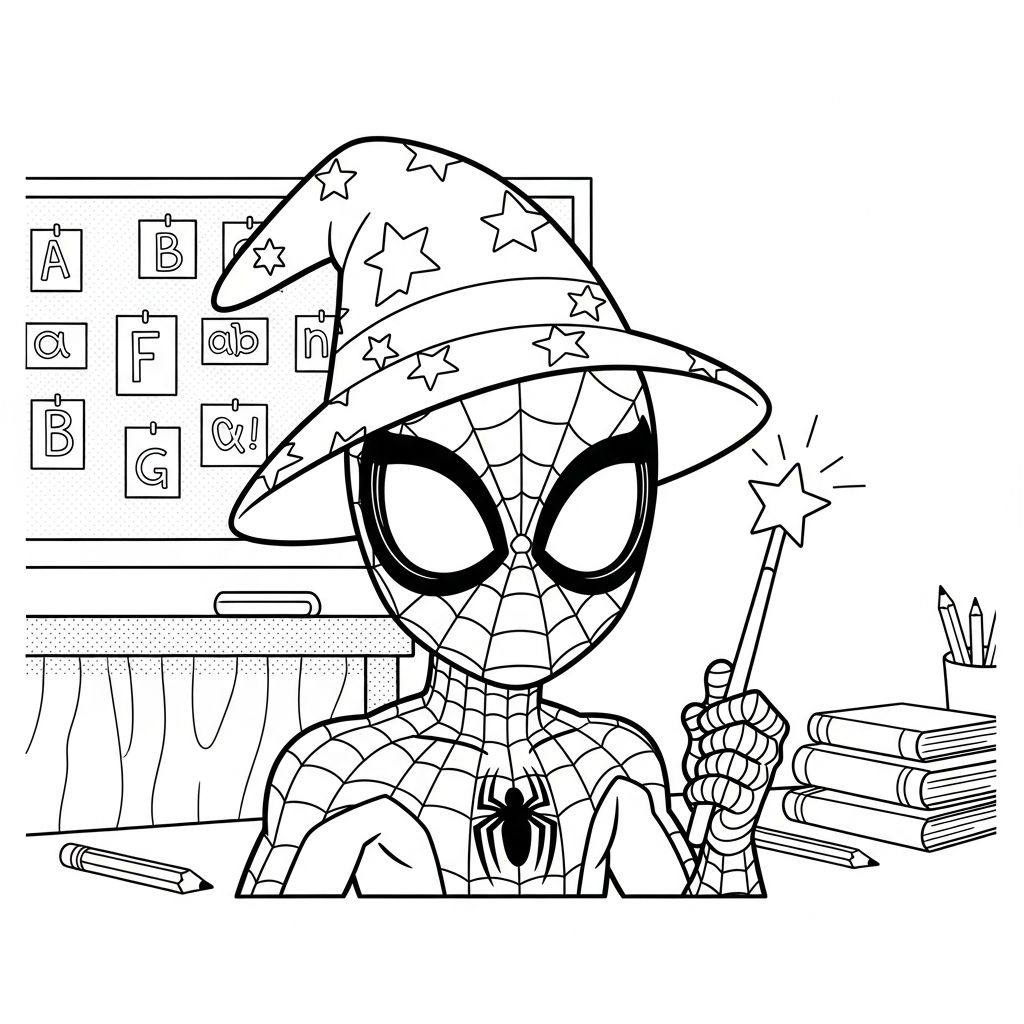 Desenho de homem aranha para colorir usando chapéu de mago com varinha na sala de aula com lousa