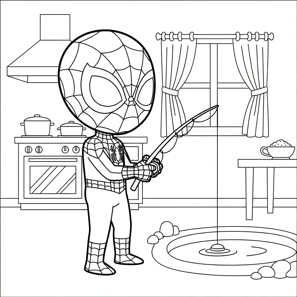 Desenho de homem aranha para colorir pescando com vara na cozinha com forno e panelas