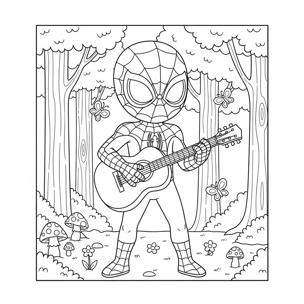 Desenho de homem aranha para colorir tocando violão na floresta com cogumelos e borboletas.