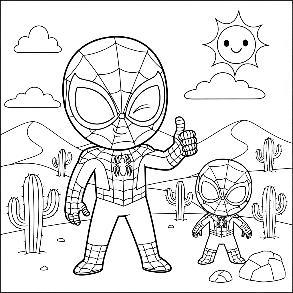 Desenho de homem aranha para colorir piscando o olho com joinha no deserto com cactos
