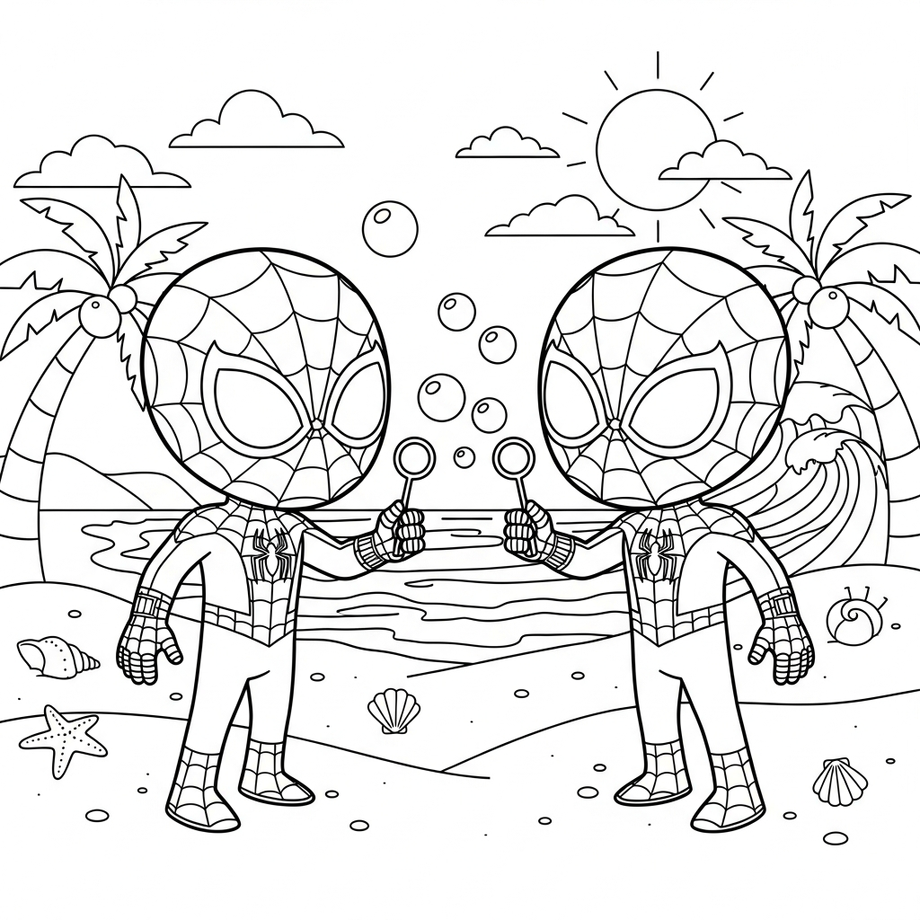 Desenho de homem aranha para colorir fazendo bolhas de sabão na praia com palmeiras