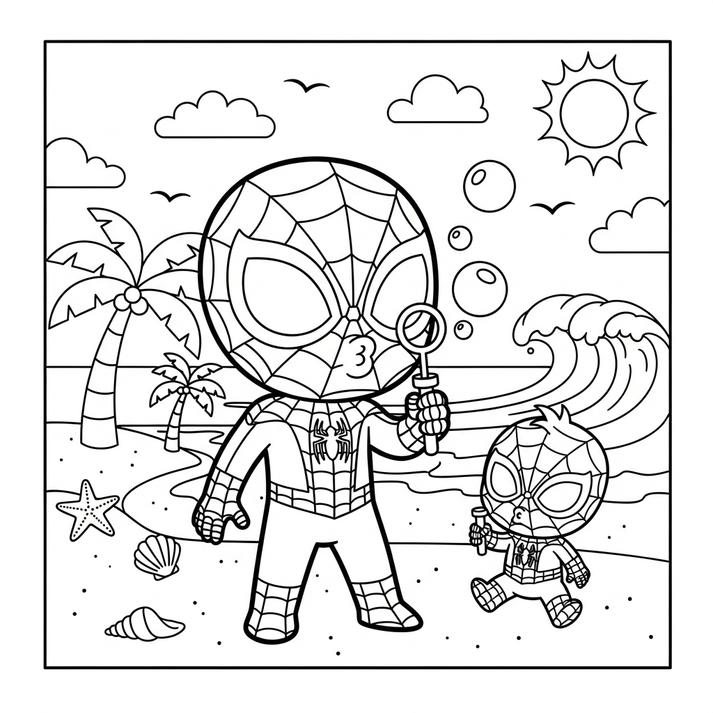 Desenho de homem aranha para colorir fazendo bolhas de sabão na praia com palmeiras