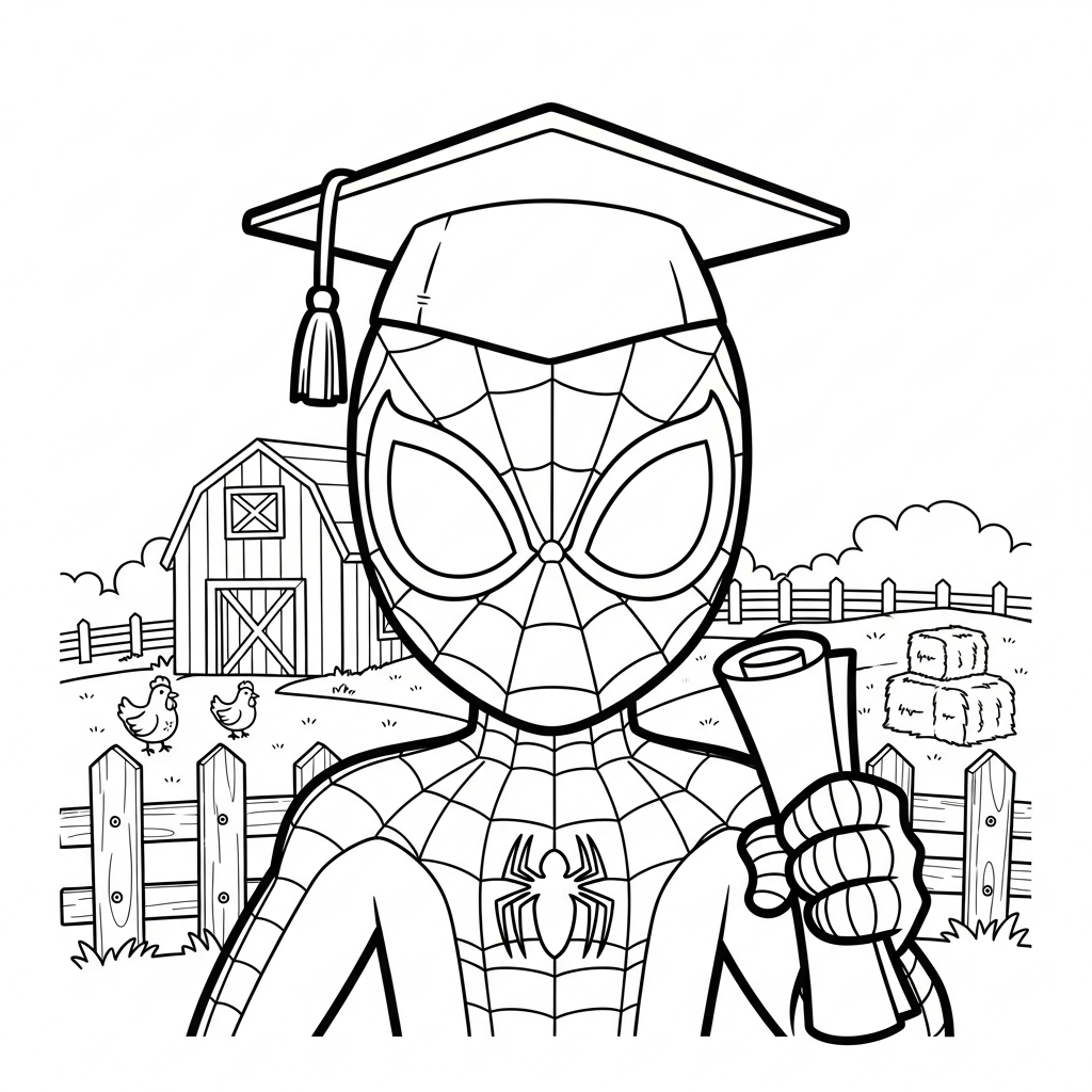 Desenho de homem aranha para colorir usando capelo de formatura na fazenda com celeiro.