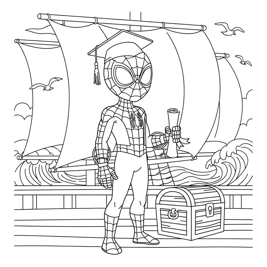 Desenho de homem aranha para colorir usando capelo de formatura em navio pirata