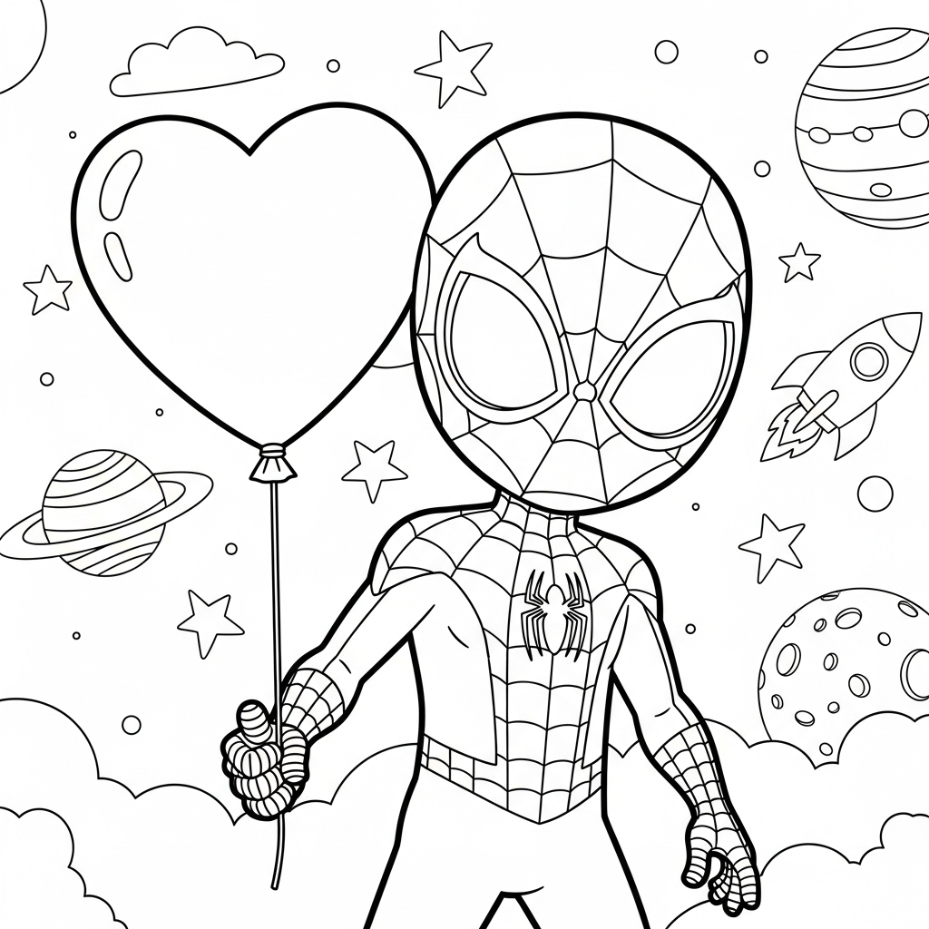Desenho de homem aranha para colorir segurando balão de coração no espaço com planetas e foguete