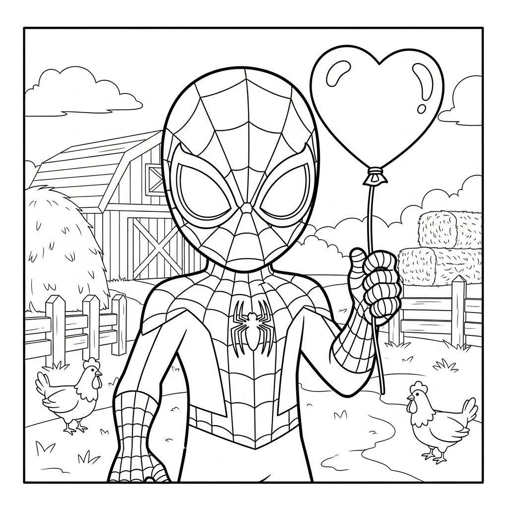 Desenho de homem aranha para colorir segurando balão de coração na fazenda com celeiro