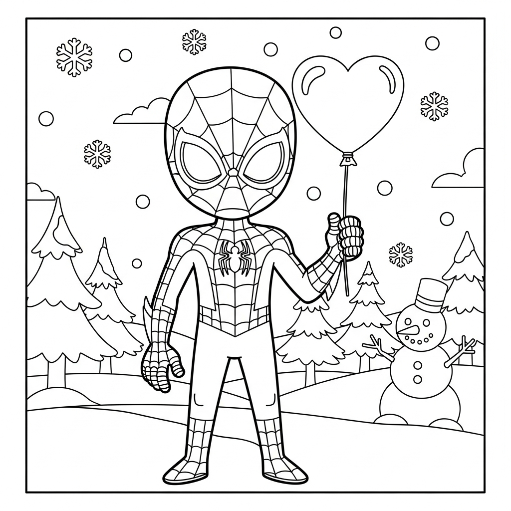 Desenho de homem aranha para colorir segurando balão de coração em paisagem nevada com pinheiros