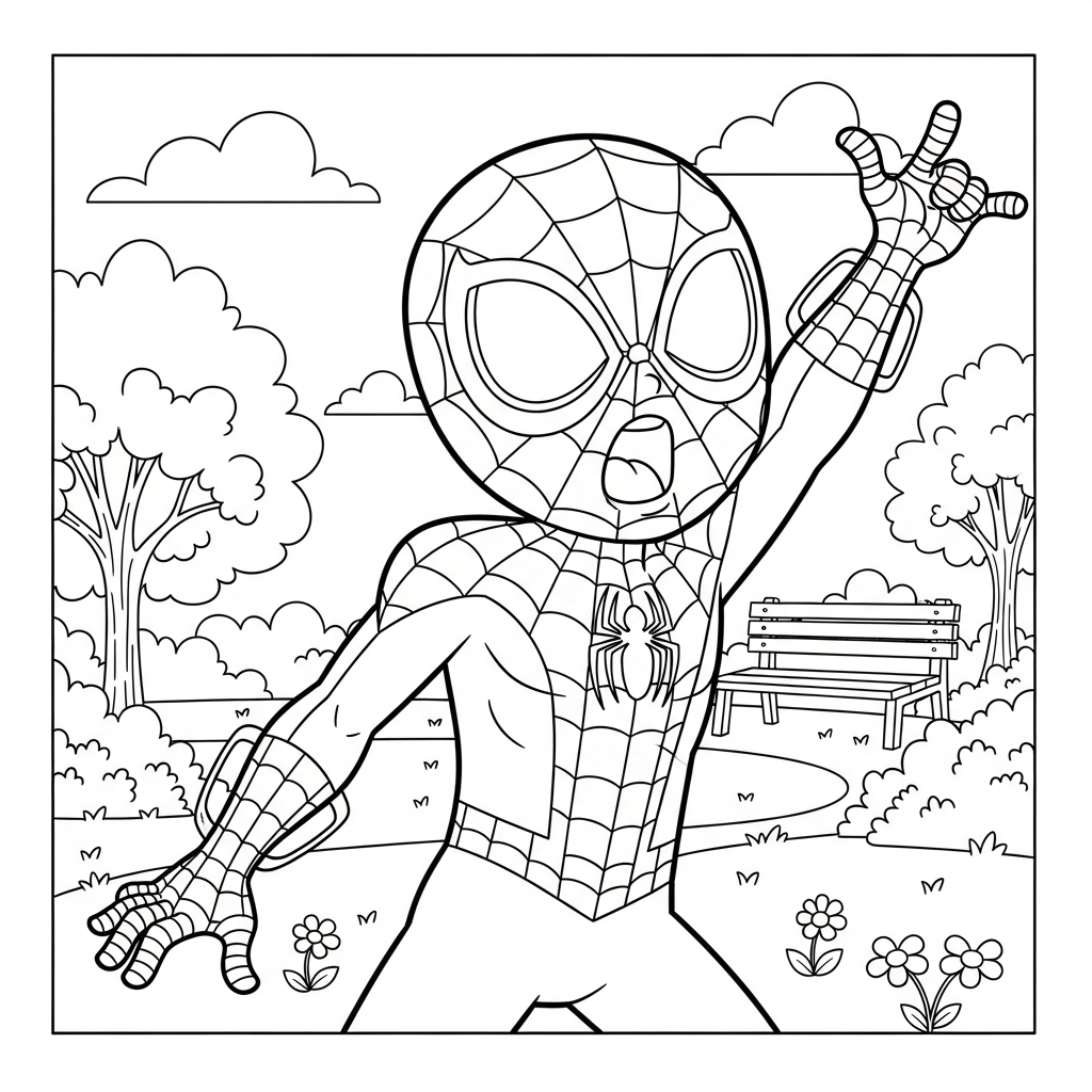 Desenho de homem aranha para colorir bocejando e se espreguiçando em parque ensolarado com árvores