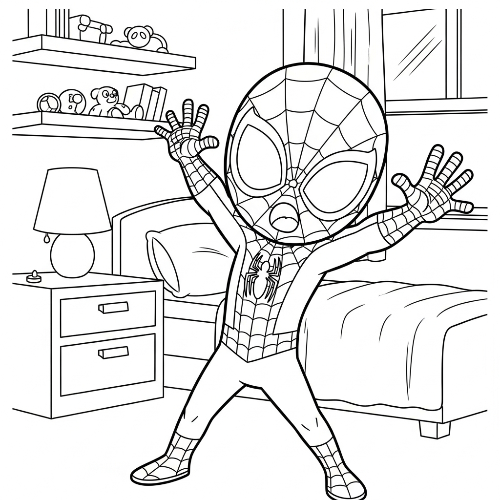 Desenho de homem aranha para colorir bocejando e se espreguiçando no quarto com cama e brinquedos