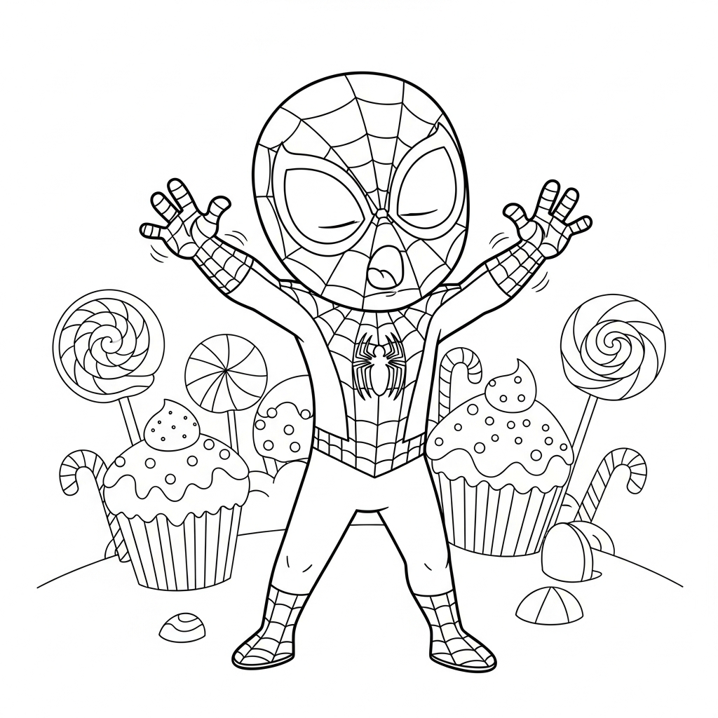 Desenho de homem aranha para colorir bocejando e se espreguiçando na terra dos doces