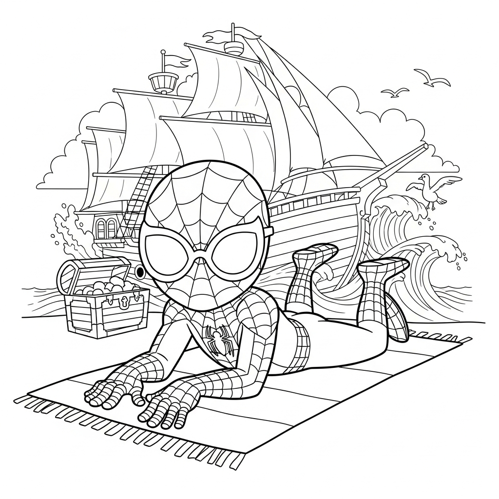 Desenho de homem aranha para colorir usando óculos de sol na praia com navio pirata
