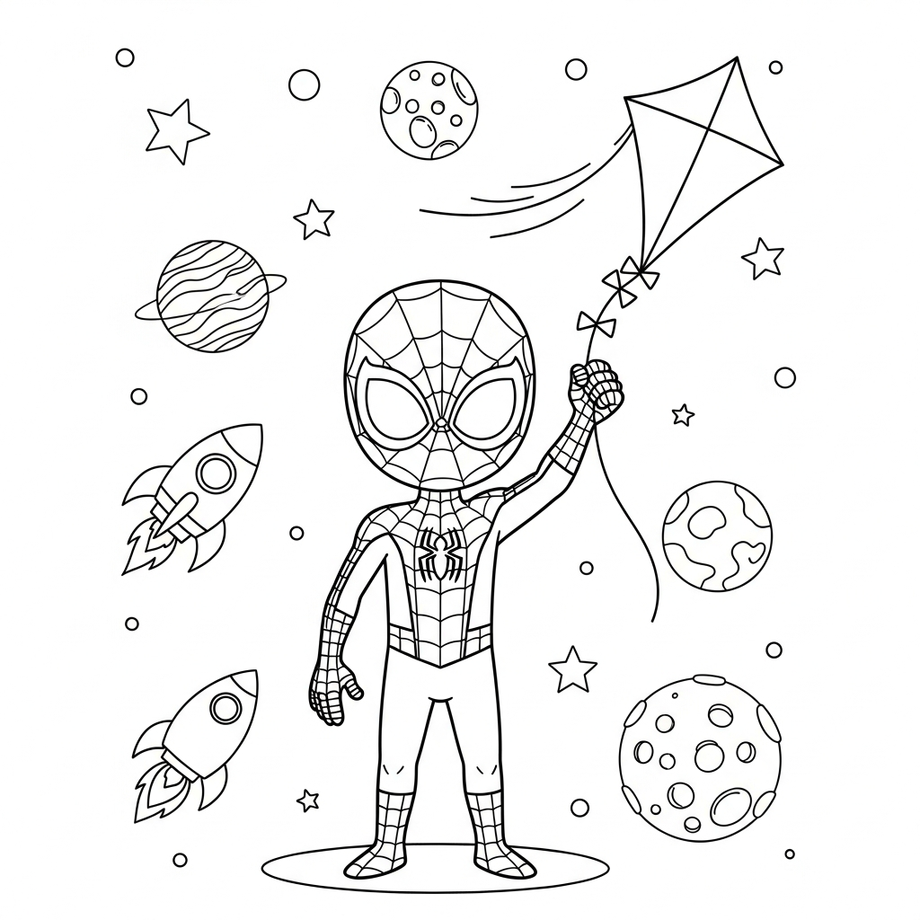 Desenho de homem aranha para colorir segurando pipa entre planetas e foguete.