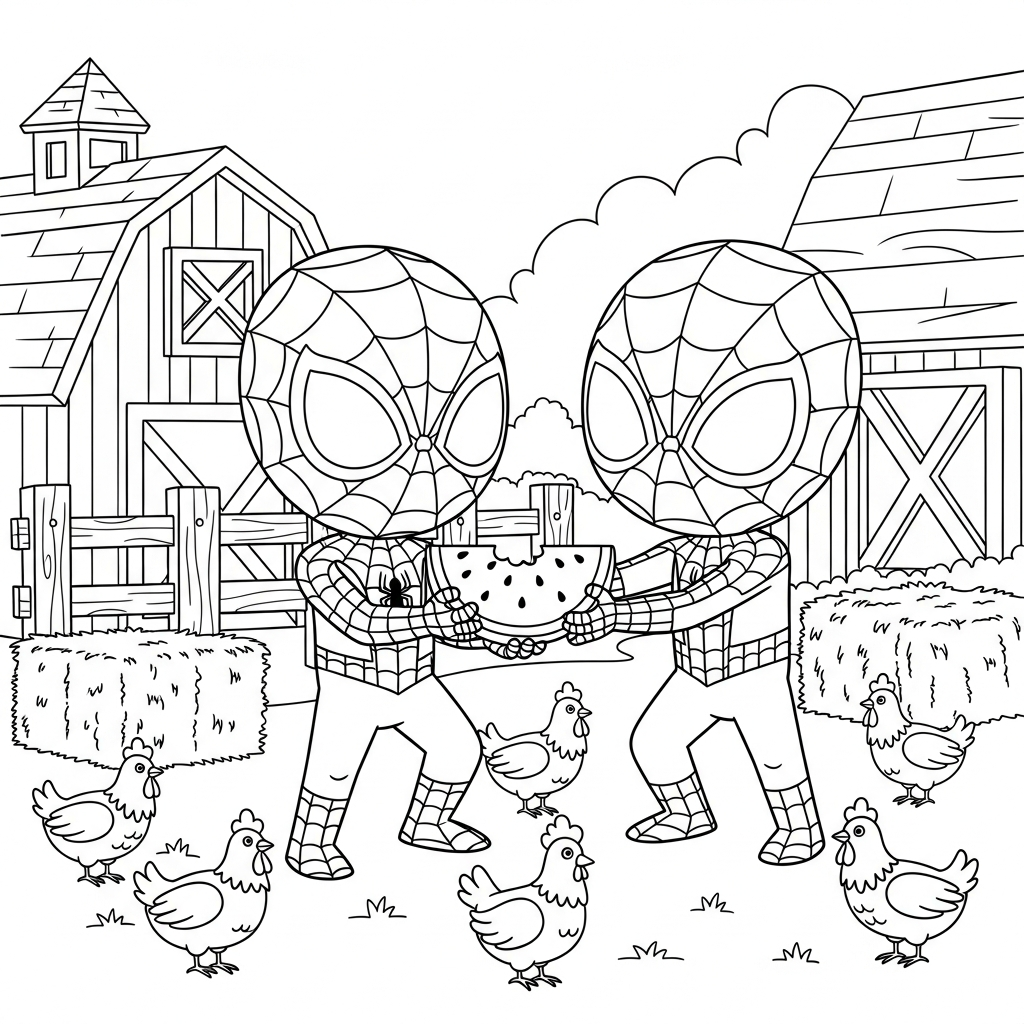 Desenho de homem aranha para colorir segurando melancia em fazenda com celeiro