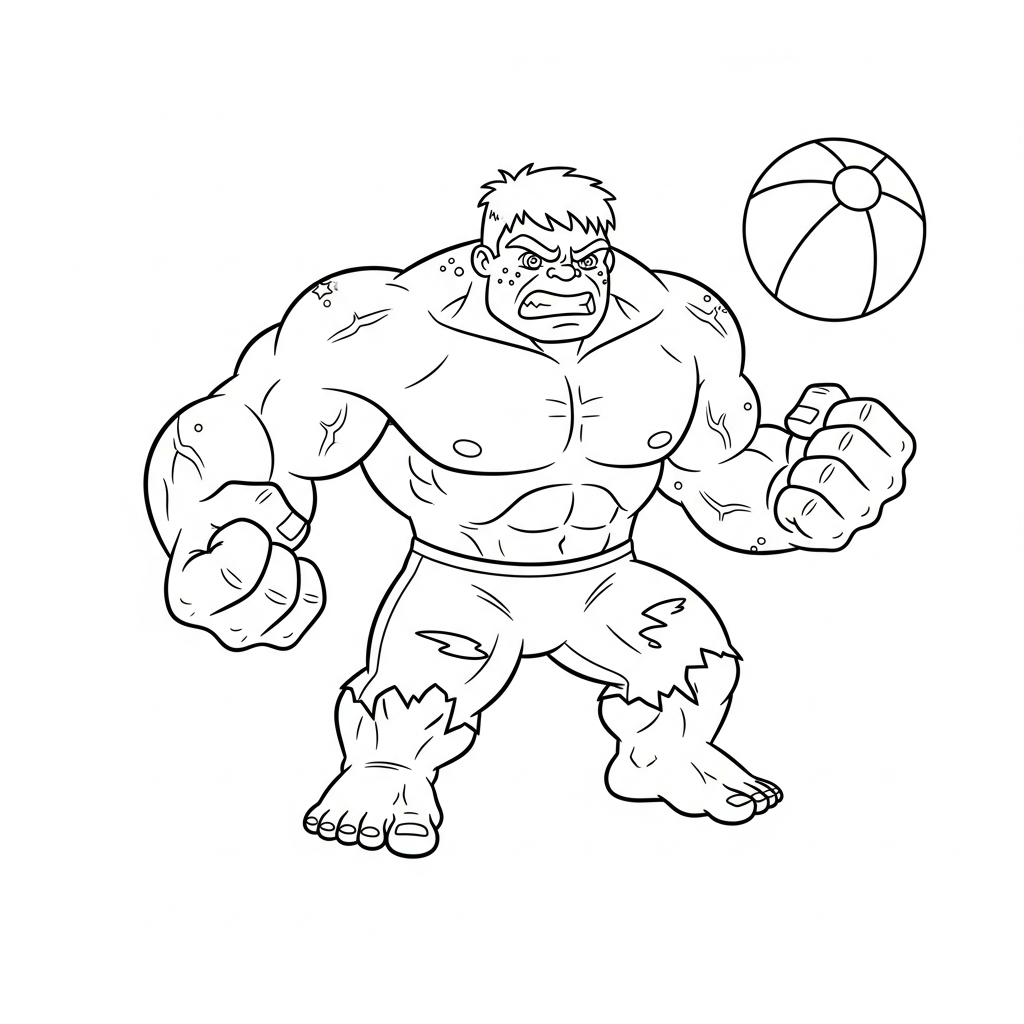 Desenho de Hulk para colorir brincando com bola de praia alegremente