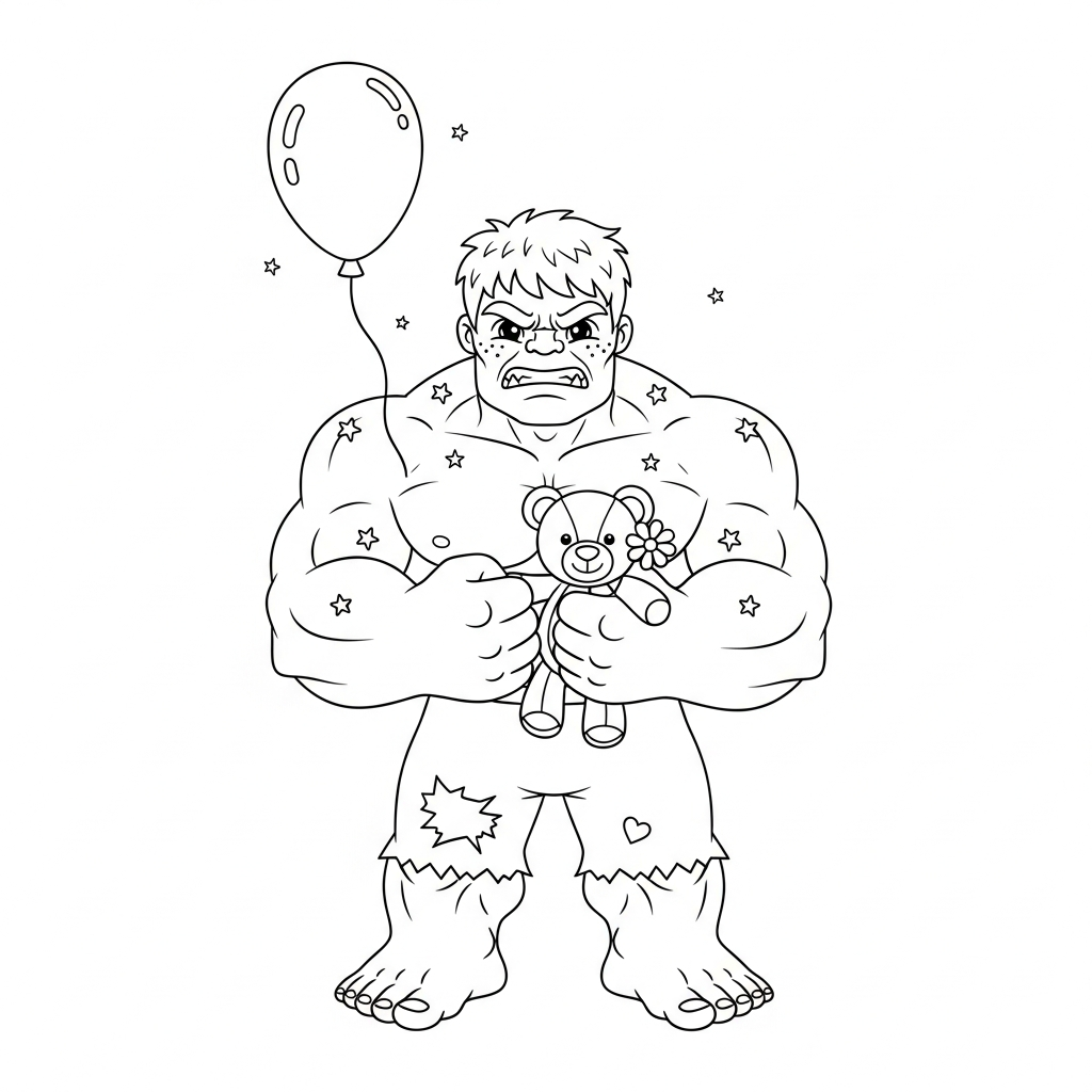Desenho de Hulk para colorir abraçando ursinho de pelúcia com flor pequena.
