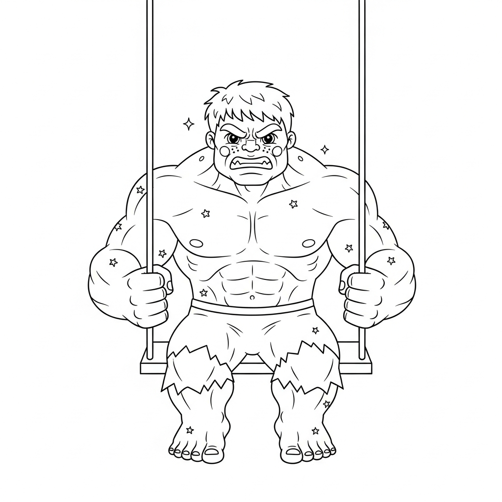 Desenho de Hulk para colorir sentado em um balanço sorrindo.