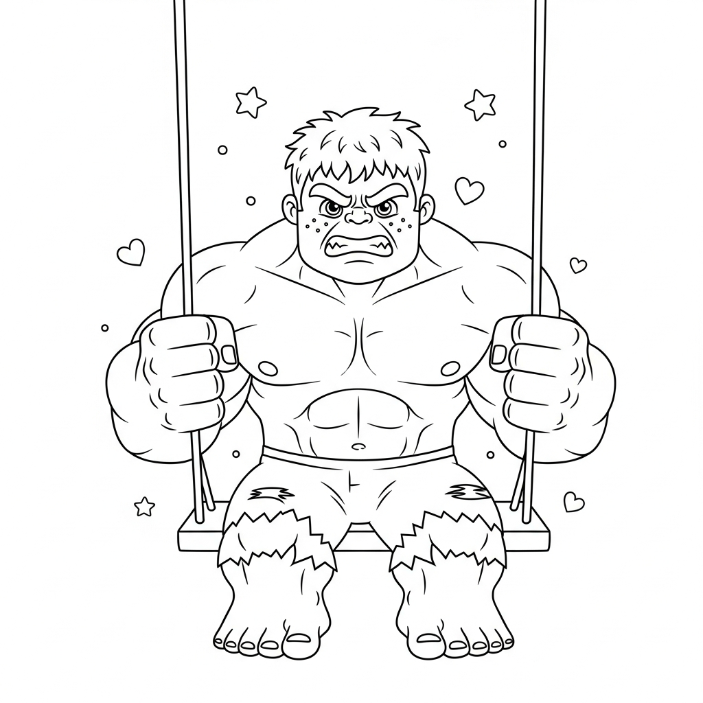 Desenho de Hulk para colorir sentado em balanço com estrelinhas e corações decorativos.