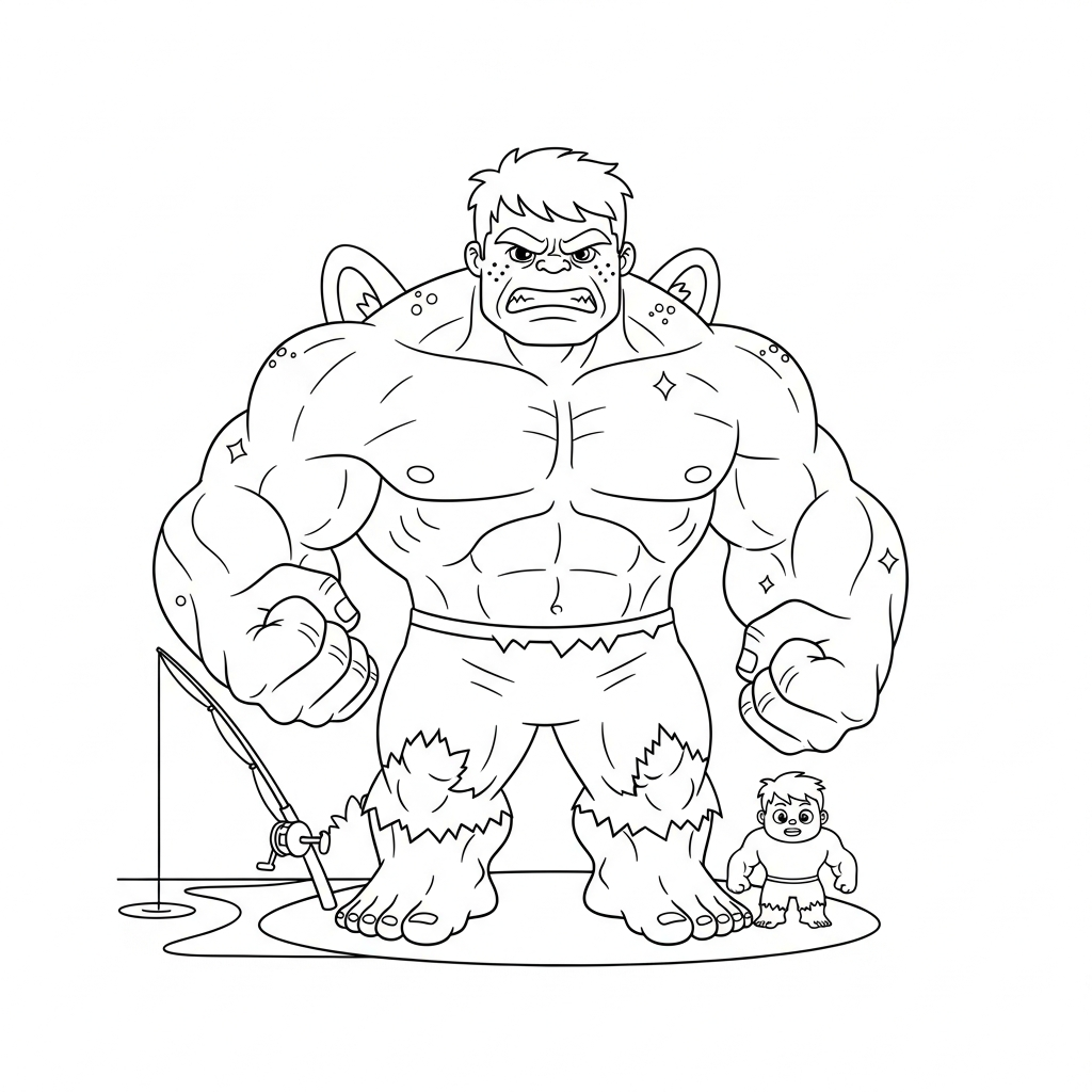 Desenho de Hulk para colorir pescando com vara em pose divertida