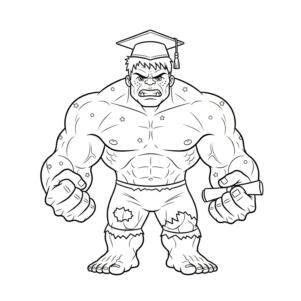 Desenho de Hulk para colorir usando capelo de formatura com expressão confiante