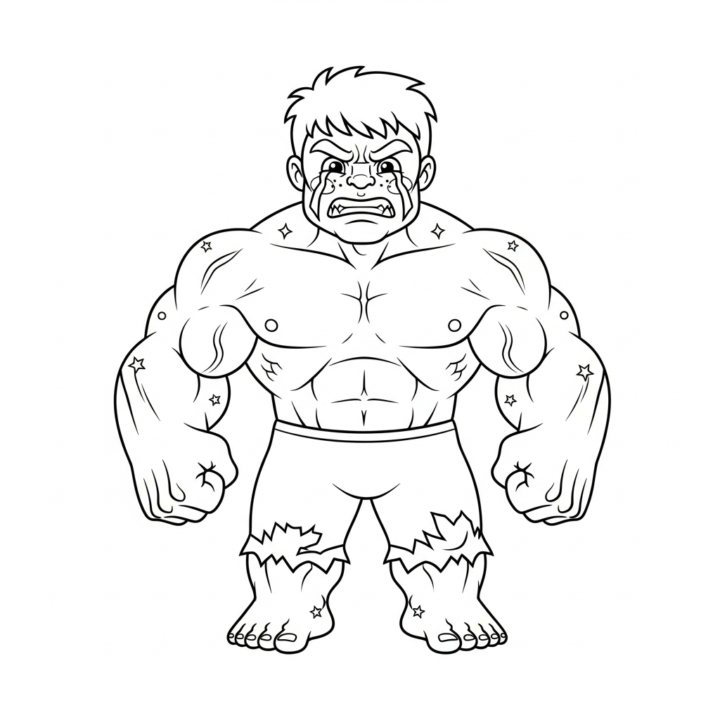 Desenho de Hulk para colorir chorando com lágrimas grandes e expressão triste
