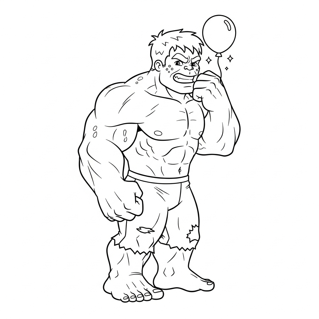 Desenho de Hulk para colorir dando risadinha com mão na boca e pedrinha.