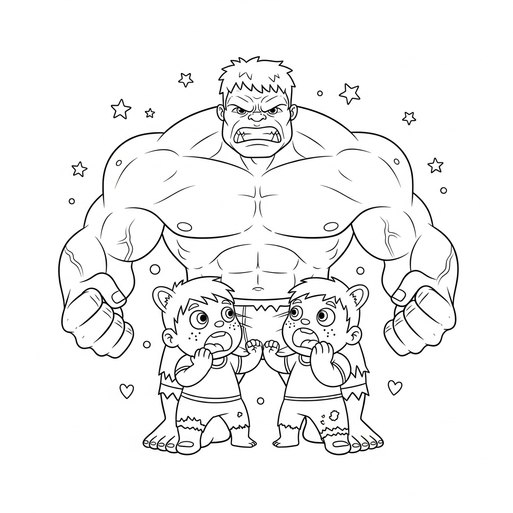 Desenho de Hulk para colorir chocado, com boca aberta, olhos arregalados, estrelinhas e corações.
