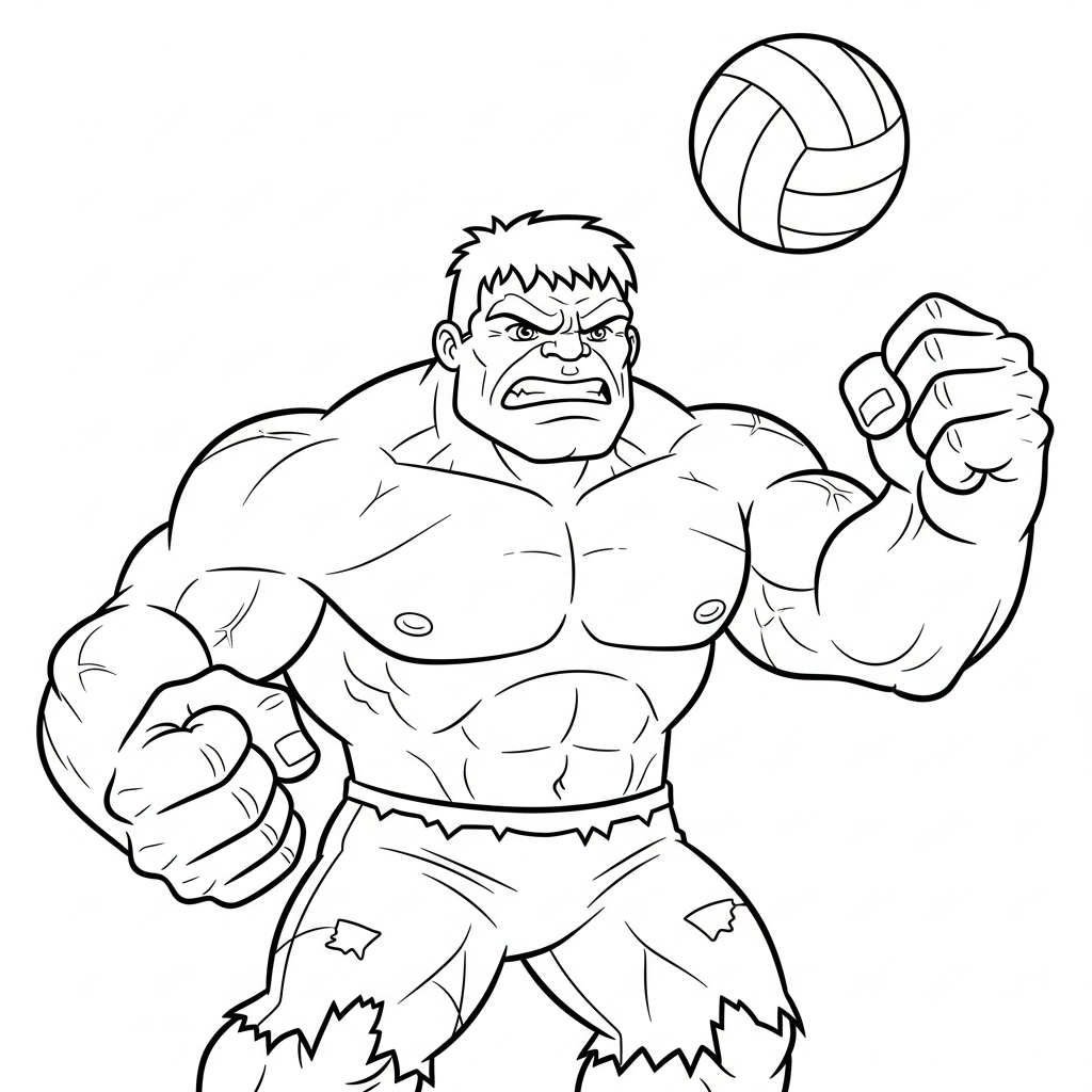 Desenho de Hulk para colorir sacando a bola em partida de vôlei