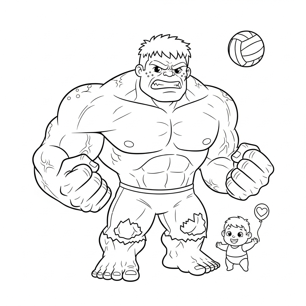 Desenho de Hulk para colorir sacando a bola de vôlei ao lado de uma concha.