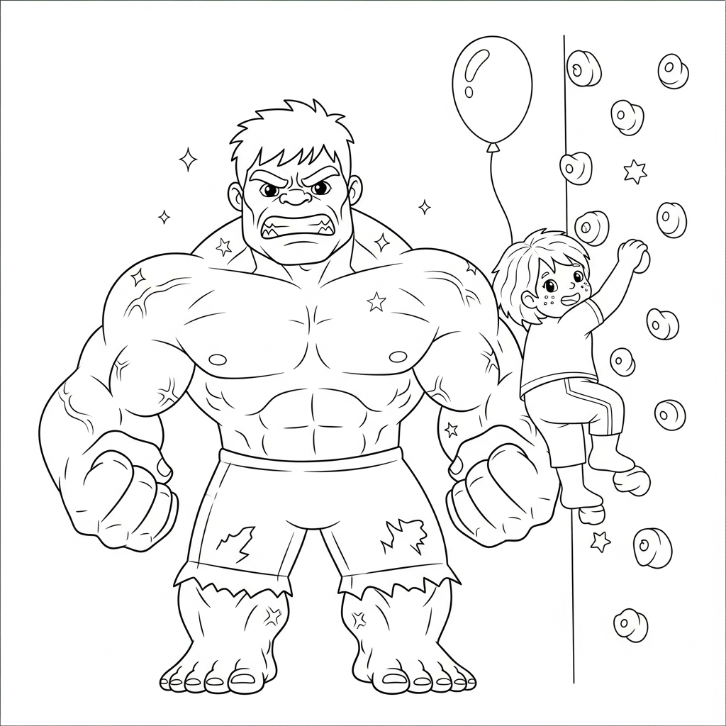 Desenho de Hulk para colorir escalando uma parede de escalada com mosquetão pequeno