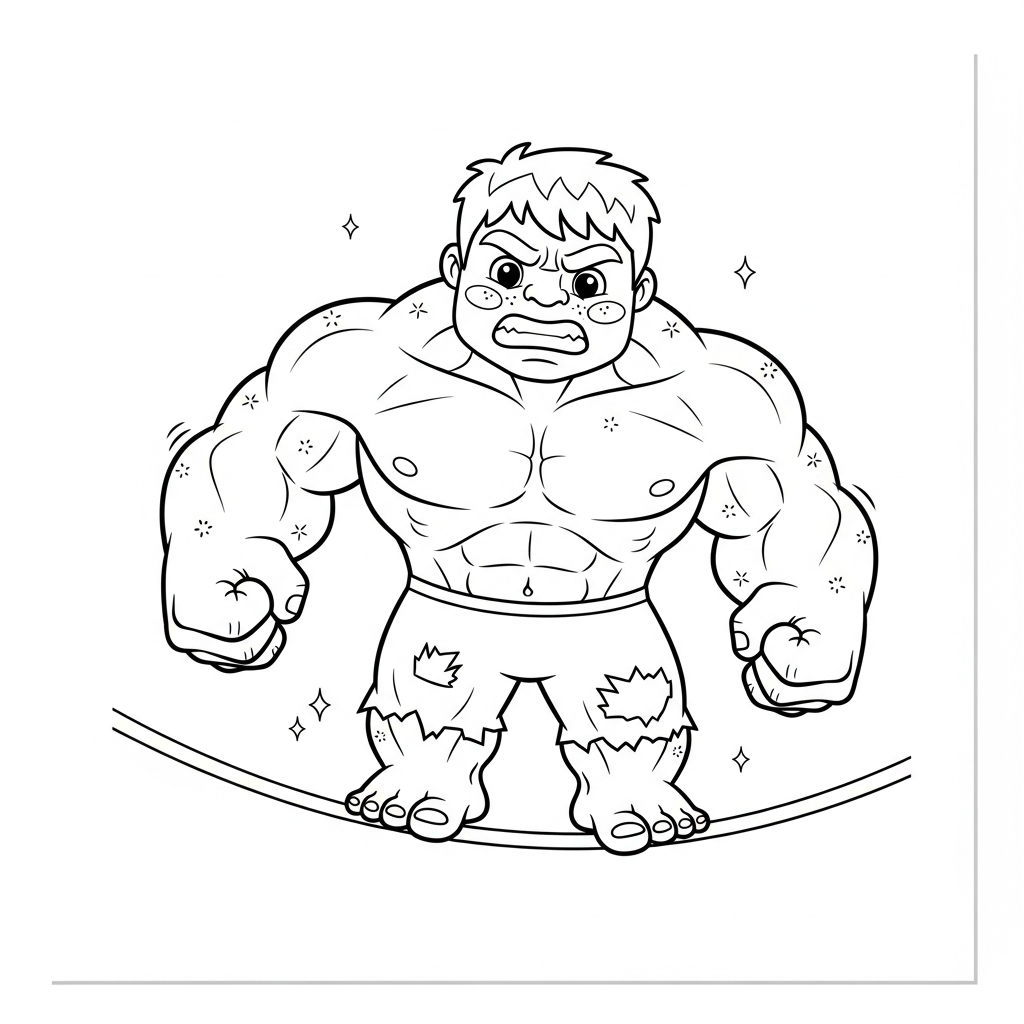 Desenho de Hulk para colorir equilibrando-se em uma corda bamba com braços abertos