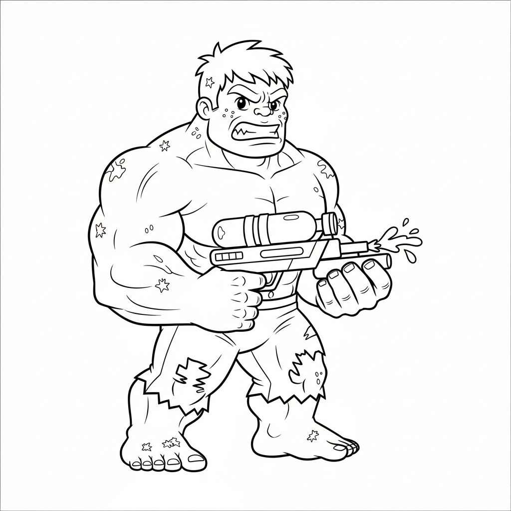 Desenho de Hulk para colorir brincando com pistola de água