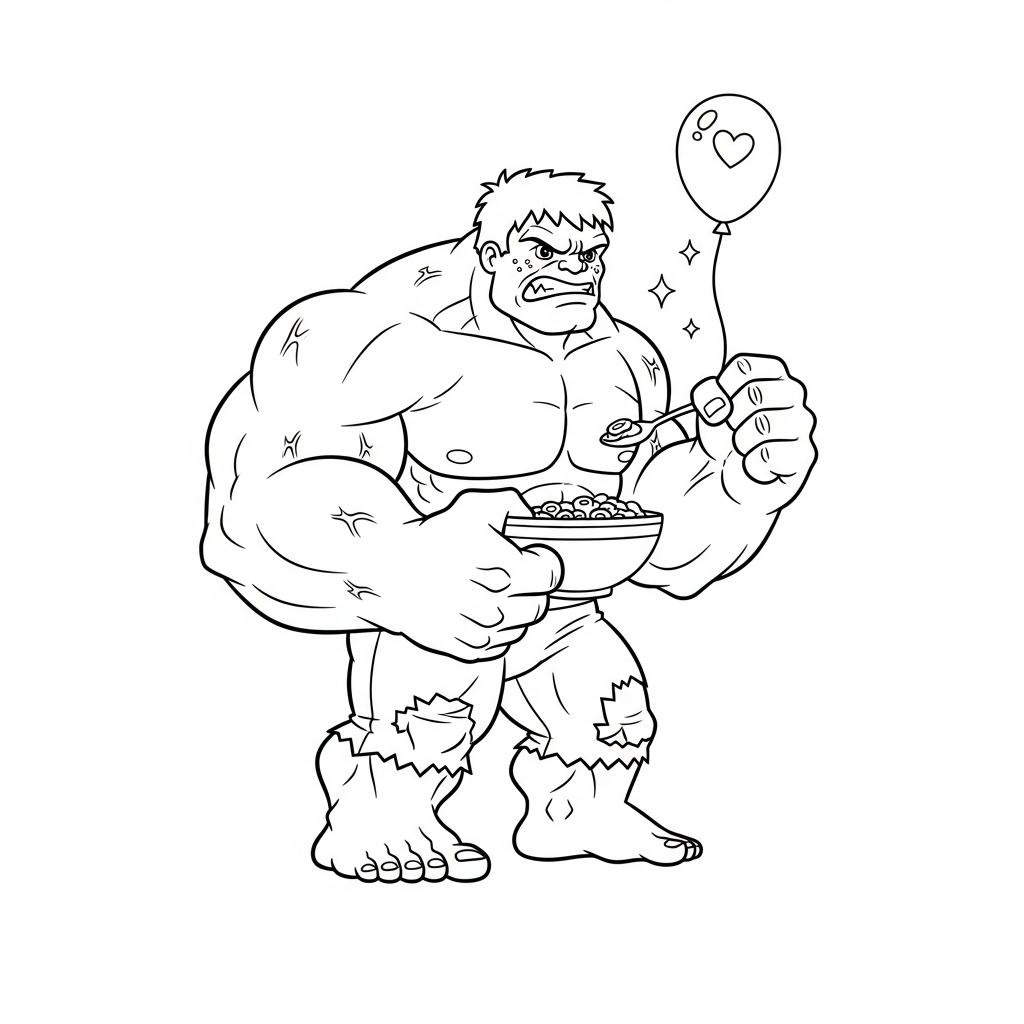 Desenho de Hulk para colorir comendo cereal na tigela ao lado de uma colher.