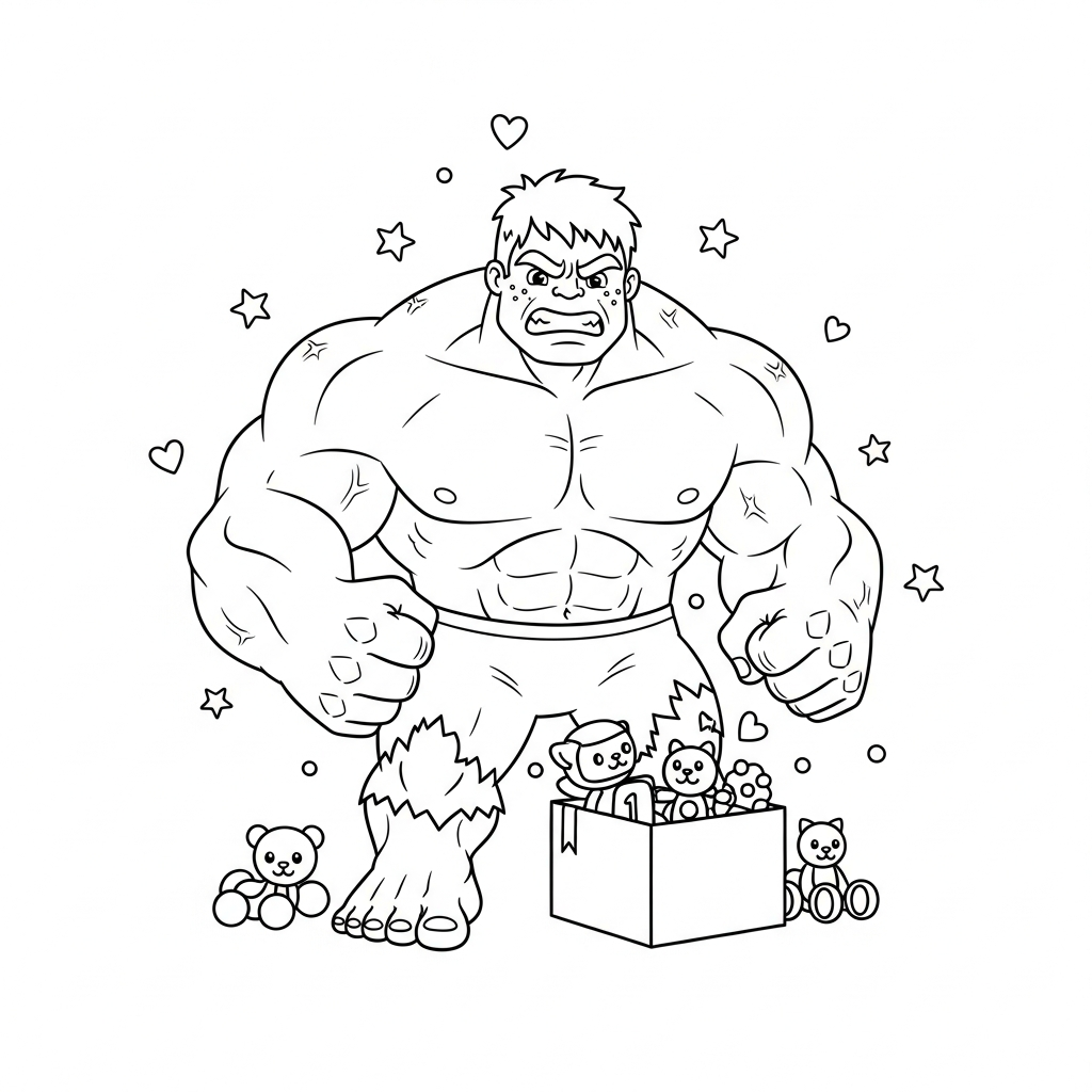 Desenho de Hulk para colorir guardando brinquedos em caixa com estrelinhas e corações.