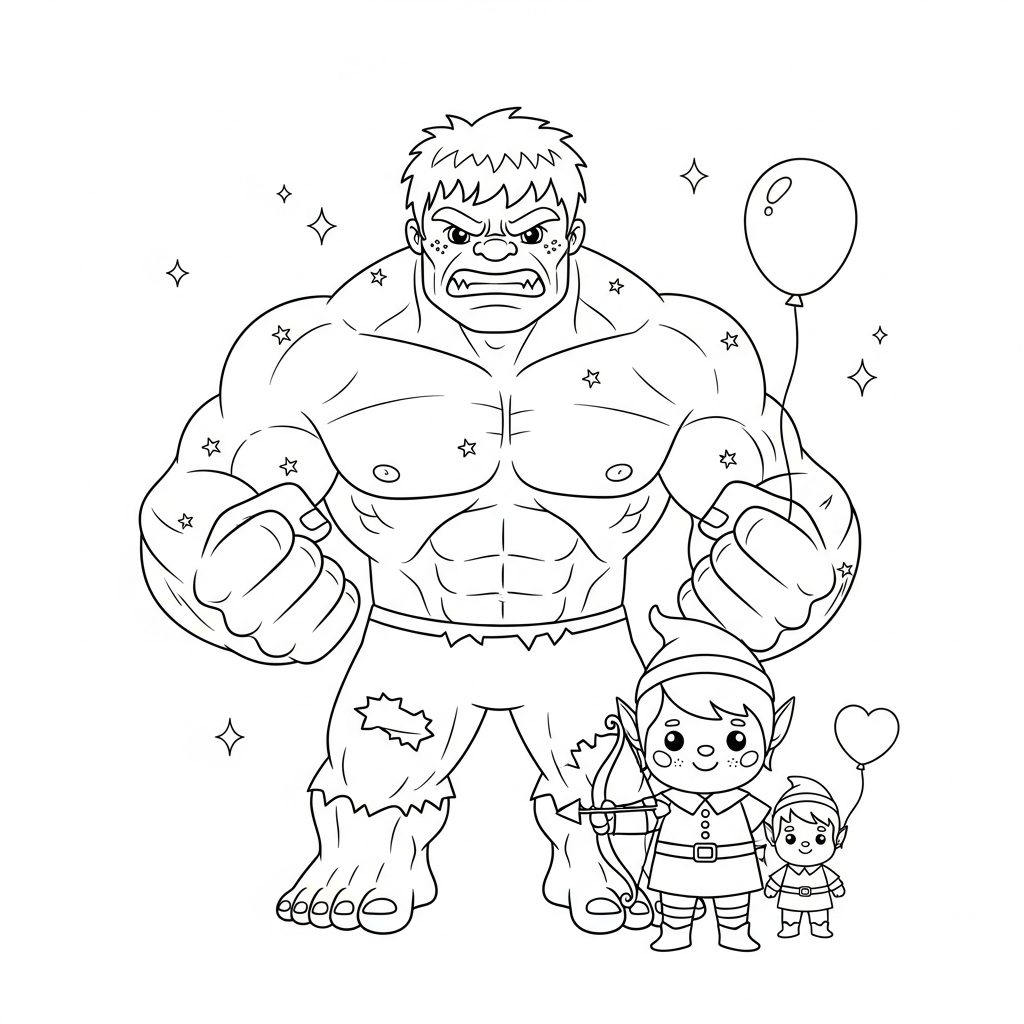 Desenho de Hulk para colorir vestido de elfo com arco e flecha ao lado de uma pedra
