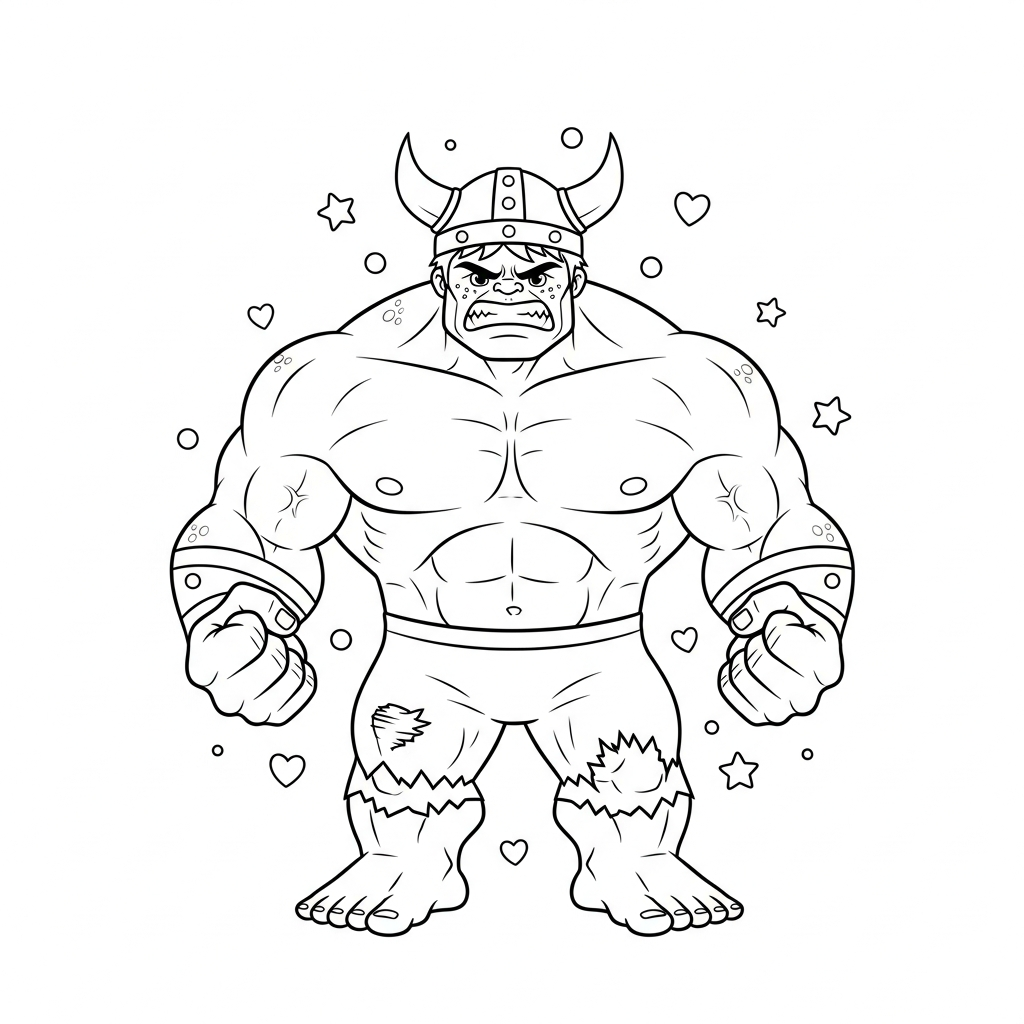 Desenho de Hulk para colorir vestido de viking com estrelinhas e corações.