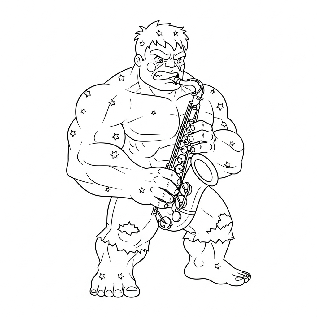 Desenho de Hulk para colorir tocando saxofone em pose divertida
