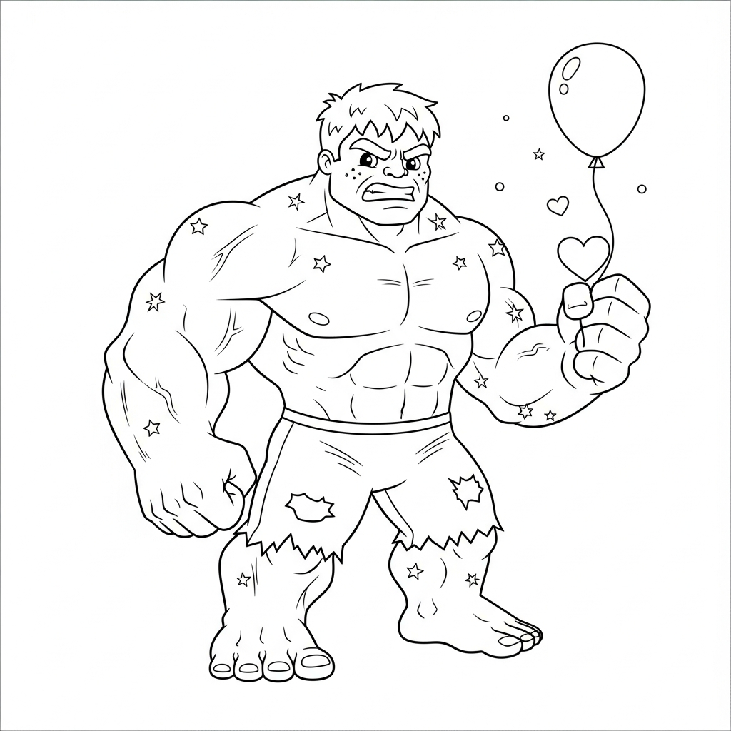 Desenho de Hulk para colorir entregando coração no dia dos namorados com flor.