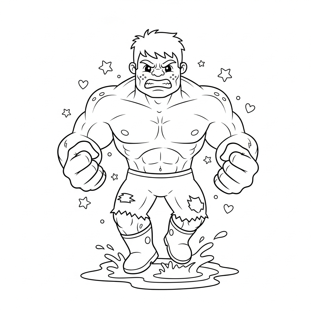 Desenho de Hulk para colorir pulando em poça d'água com botinha, estrelinhas e corações.