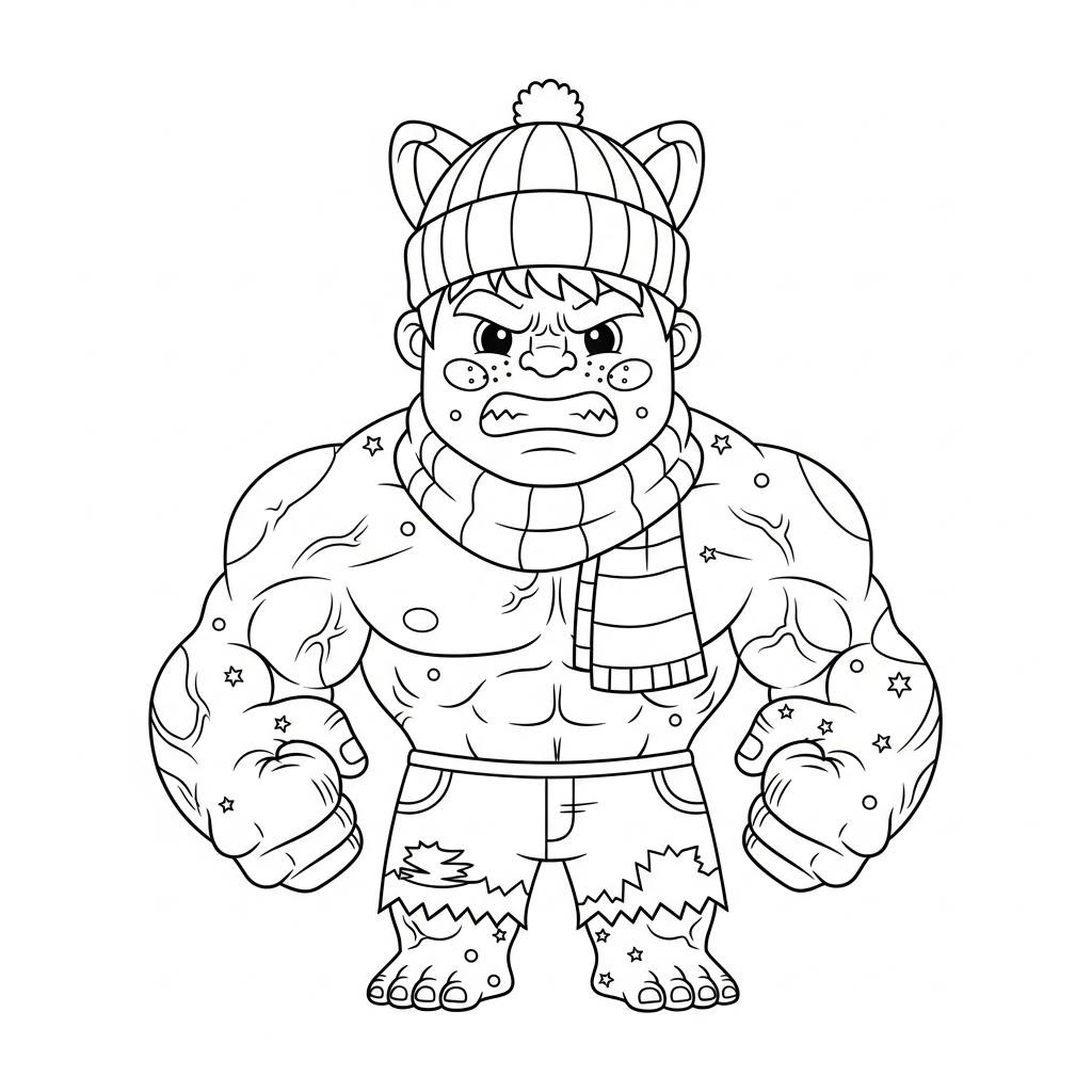 Desenho de Hulk para colorir agasalhado com cachecol e gorro