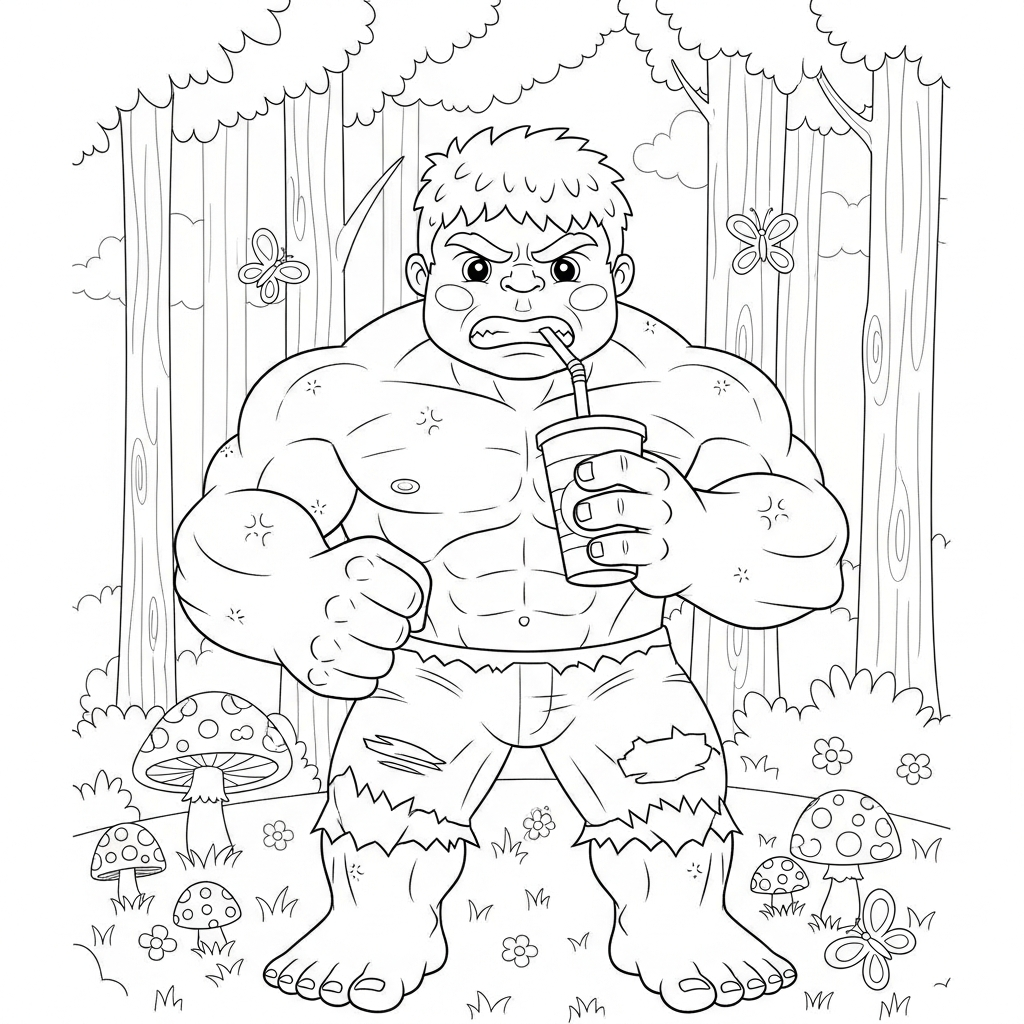 Desenho de Hulk para colorir bebendo em copo com canudo na floresta