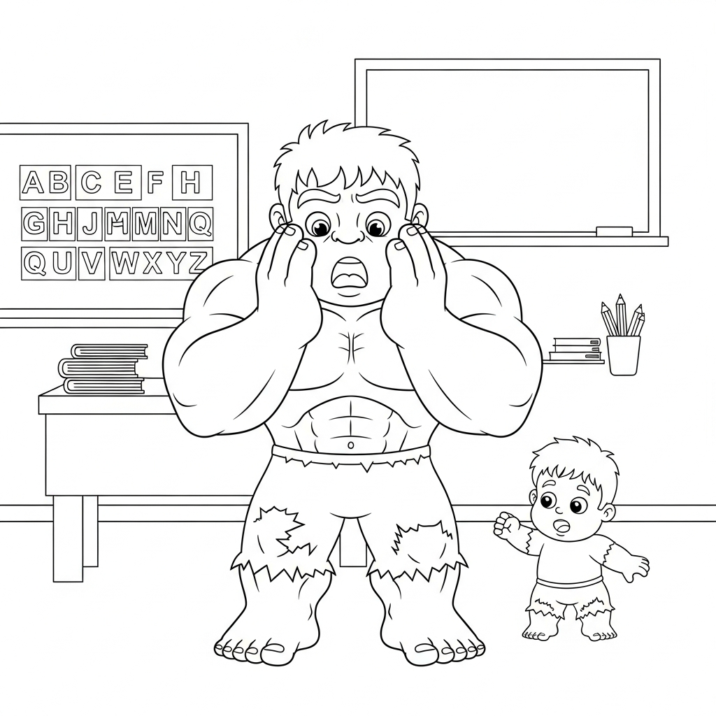 Desenho de Hulk para colorir surpreso com mãos no rosto na sala de aula com lousa