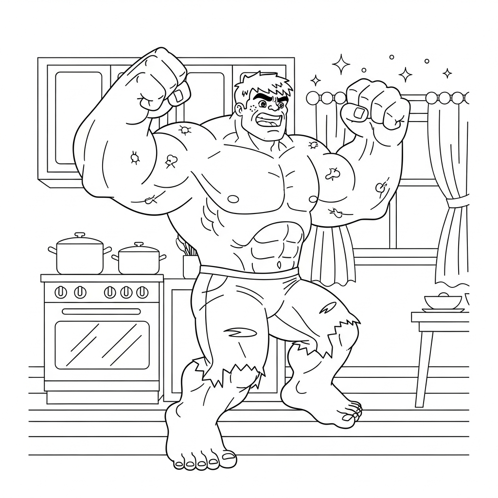 Desenho de Hulk para colorir pulando alegremente na cozinha com forno e panelas.