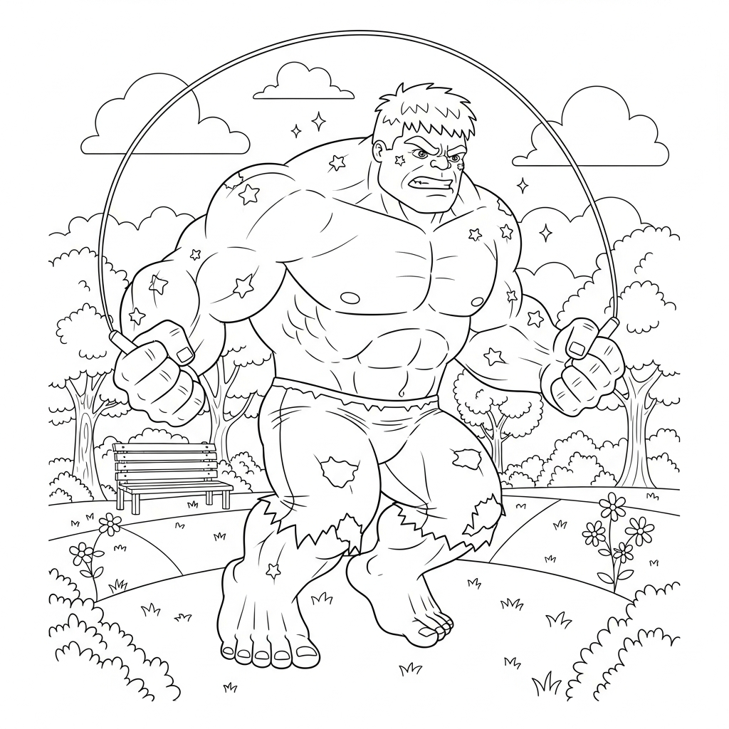 Desenho de Hulk para colorir pulando corda alegremente em parque ensolarado com árvores