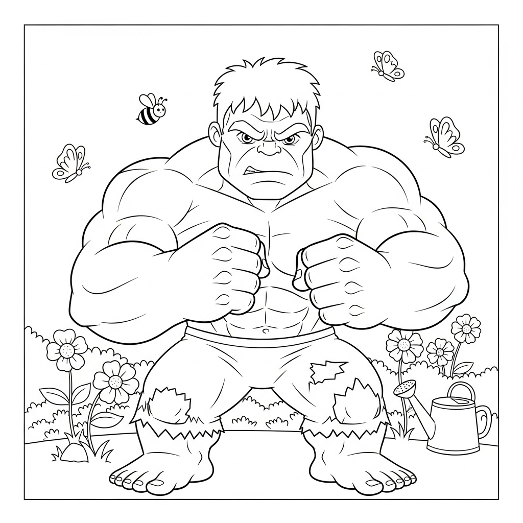 Desenho de Hulk para colorir praticando karatê em jardim com flores e abelhas.